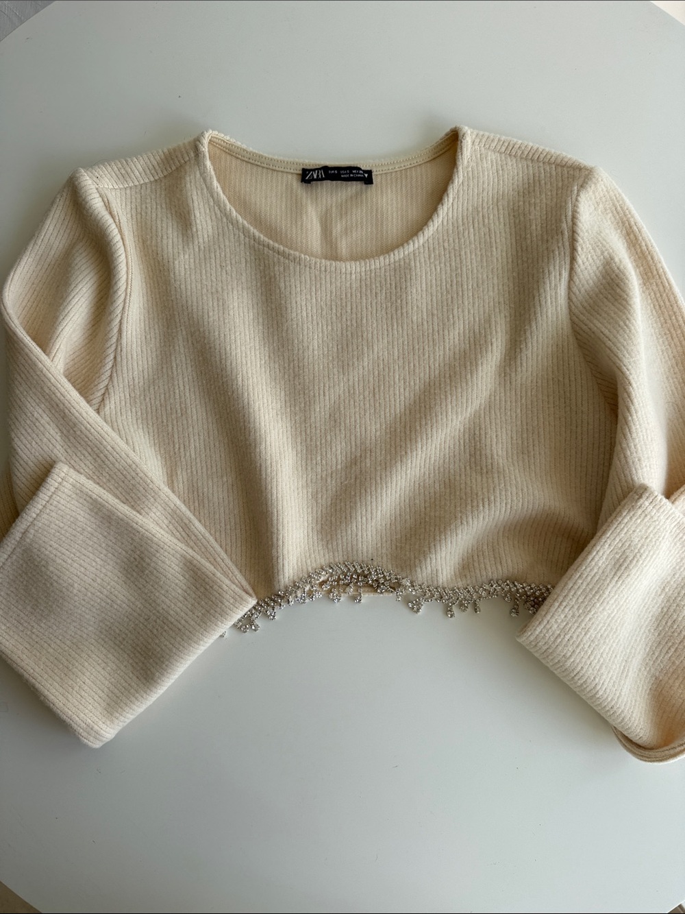 Zara Cream Ribbed Cropped Top with Beaded Trim